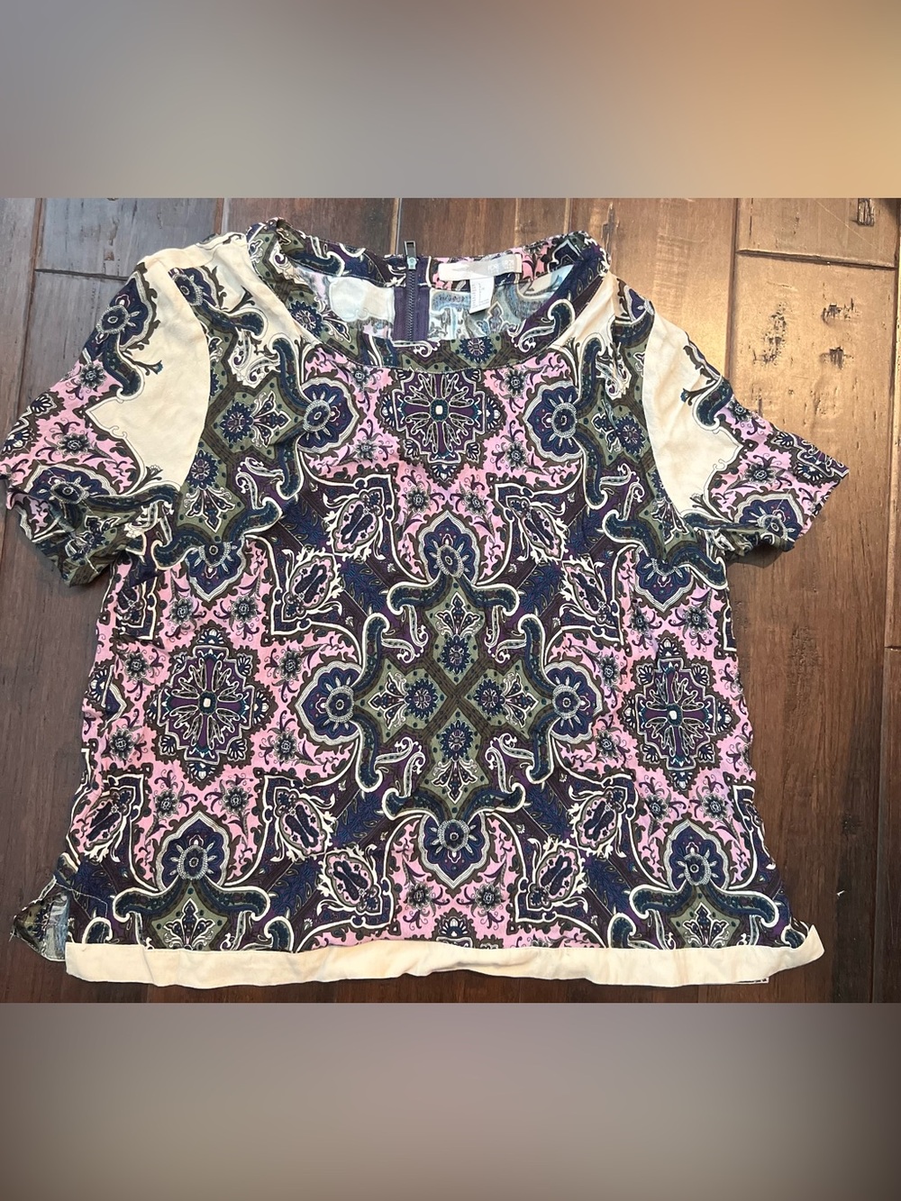 Charlotte Russe Pink, Navy & Cream Paisley Short Sleeve Top